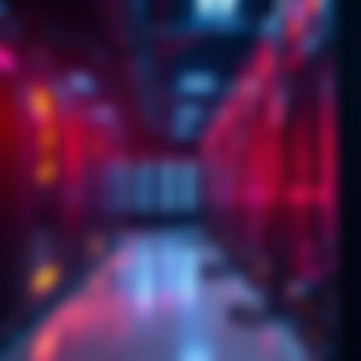 A row of ASIC mining machines operating in a data center, with lights blinking and cables connected, showcasing high-tech cryptocurrency mining equipment.