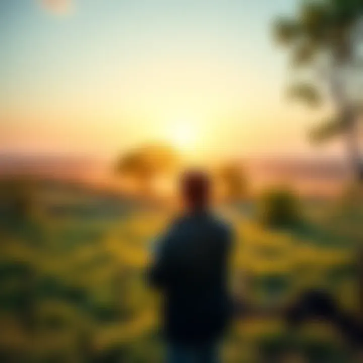 A person inspecting a plot of land with trees and grass, looking for quality indicators before buying.