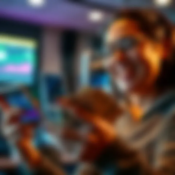 A person smiling while counting Atlas Bucks notes with a phone showing ad engagement results in the background.