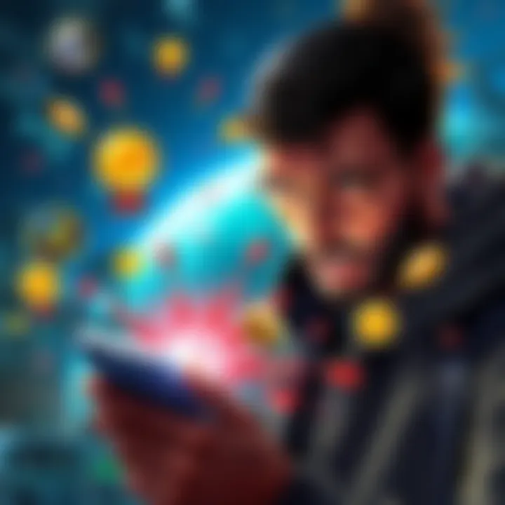 A frustrated person looking at a smartphone with a crashed ad screen for Atlas Earth, surrounded by symbols of rewards and boosts.