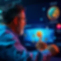A man looking at a screen displaying the Atlas Earth platform, showing landmarks and bid tokens