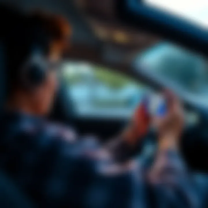 A person using a smartphone to play Atlas Earth while sitting in a car, looking frustrated due to a weak cell data connection