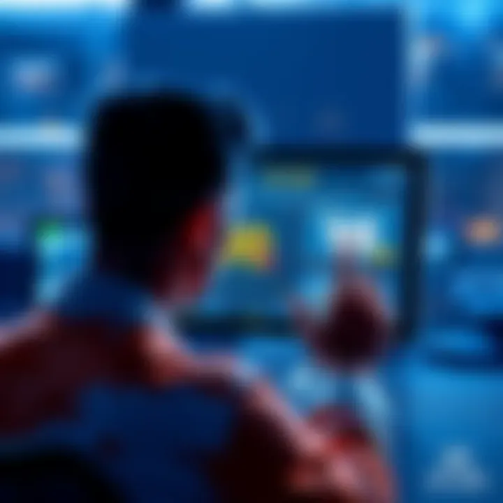 A person looking at a digital screen displaying the Atlas Explorer interface with daily 90 AB offers, surrounded by virtual parcels and graphics.