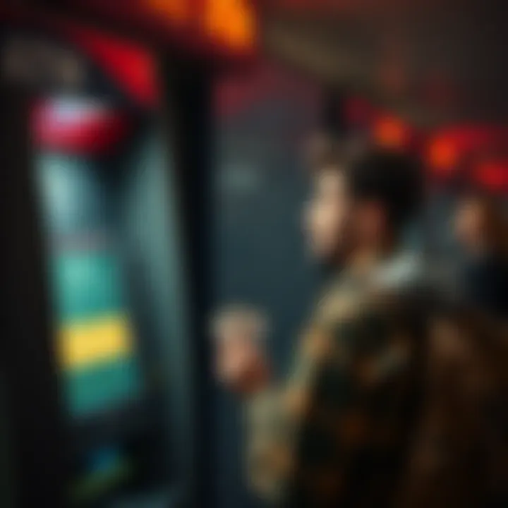 A traveler looking frustrated at an ATM displaying foreign currency fees