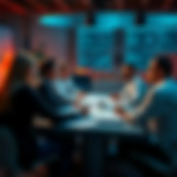 Atom Trend Discussion A group of people engaging in a discussion about the atom trend, with scientific charts and articles on a table.