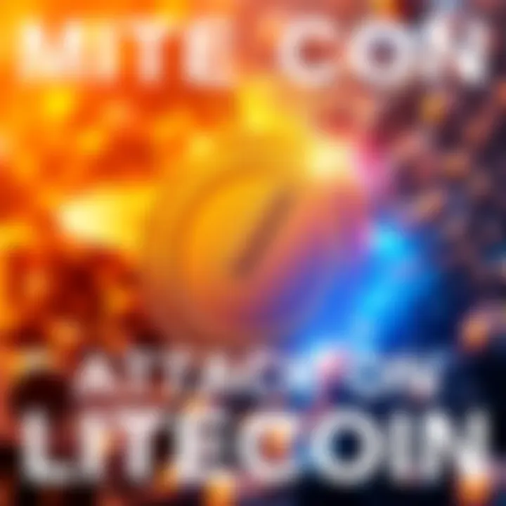Attack on Litecoin MAD Magazine Network's logo with a visual of Litecoin being targeted in a 51% attack, showing miners and blockchain elements being manipulated.