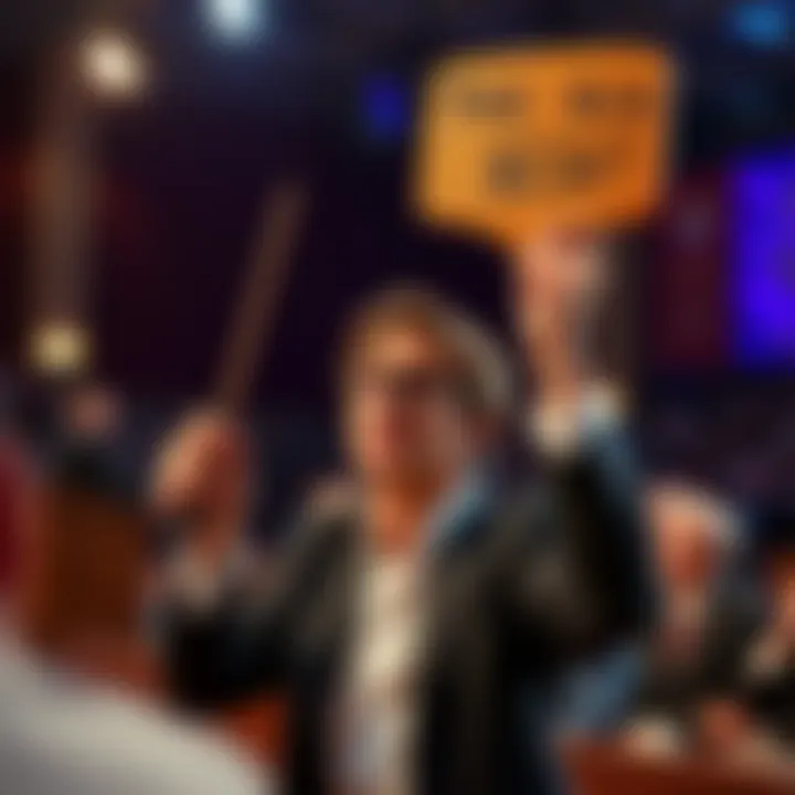 An auction paddle raised high by a bidder A person holding an auction paddle at an auction with a worried expression, indicating a high bid that may not be paid, with an auctioneer in the background