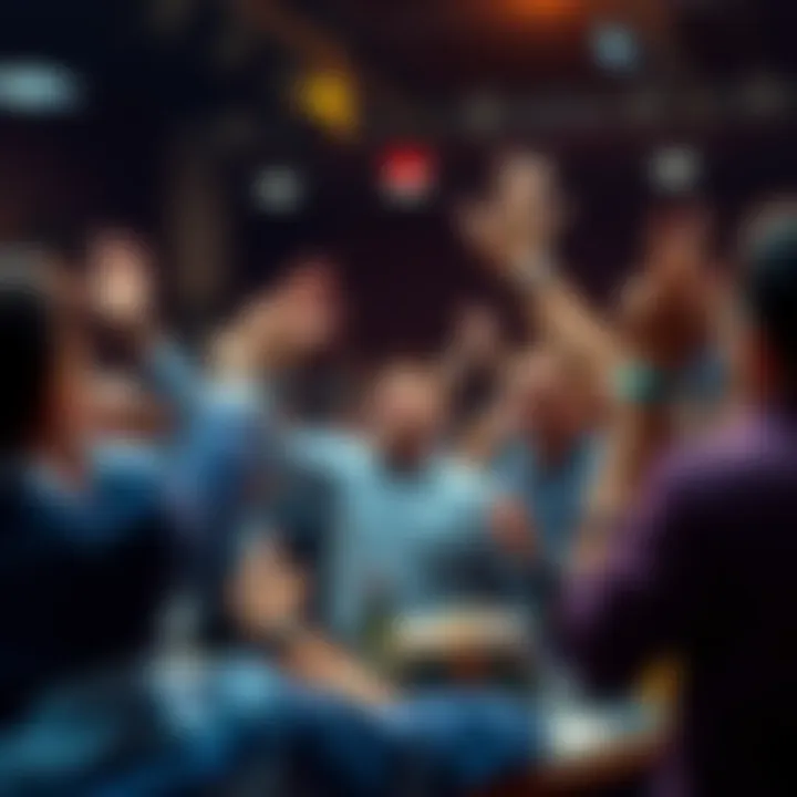 People actively bidding at an auction, raising hands and making offers with atlas bucks in a lively atmosphere
