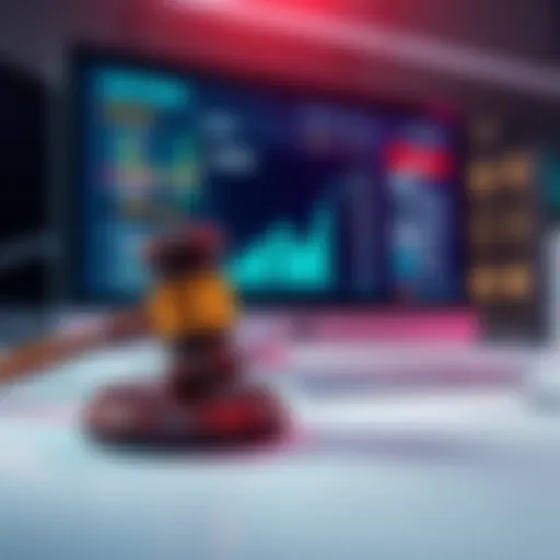 A gavel about to strike, symbolizing the end of an auction, with a computer screen showing auction details in the background.