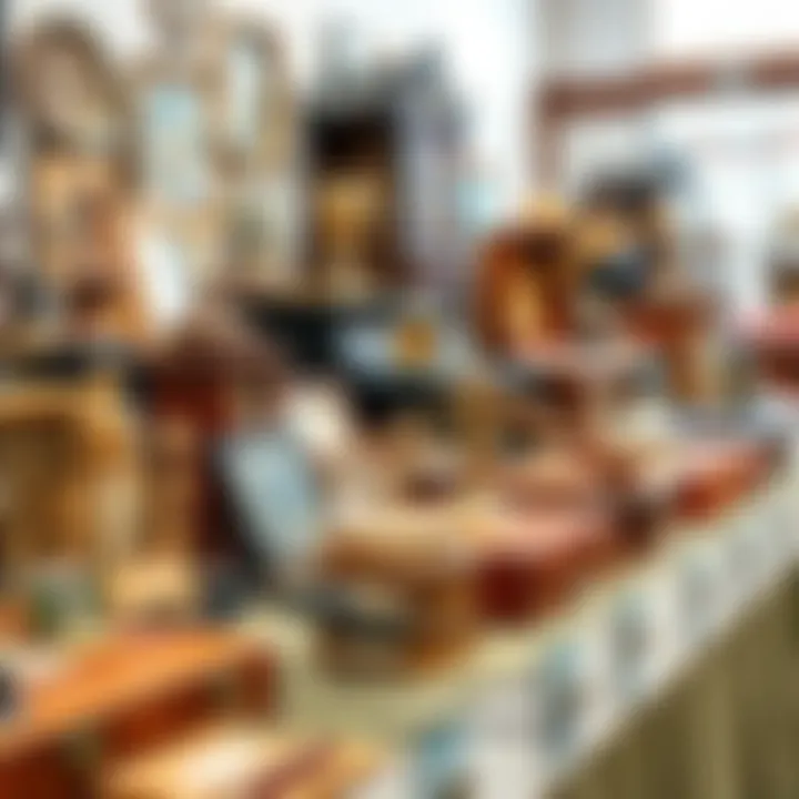 A variety of unique items for auction, including vintage collectibles and rare antiques, set up for bidding