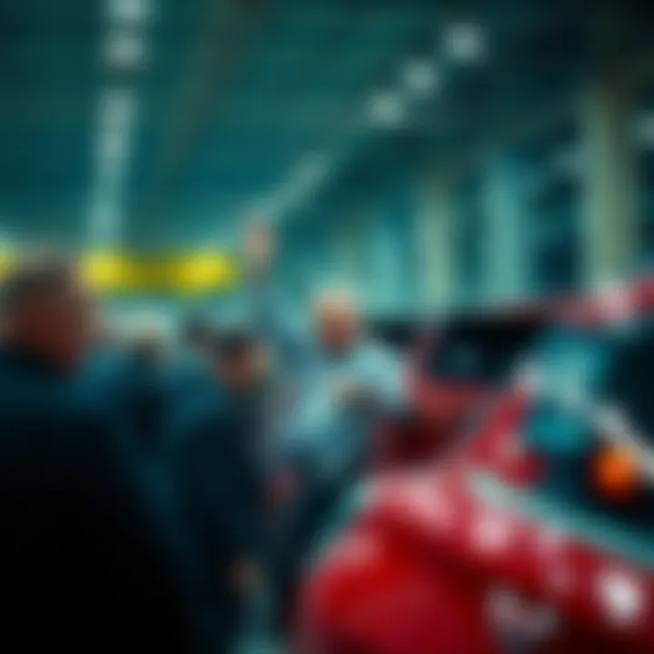 Auction Scene with Dealers Group of car dealers raising bids at an auction, showcasing active bidding environment