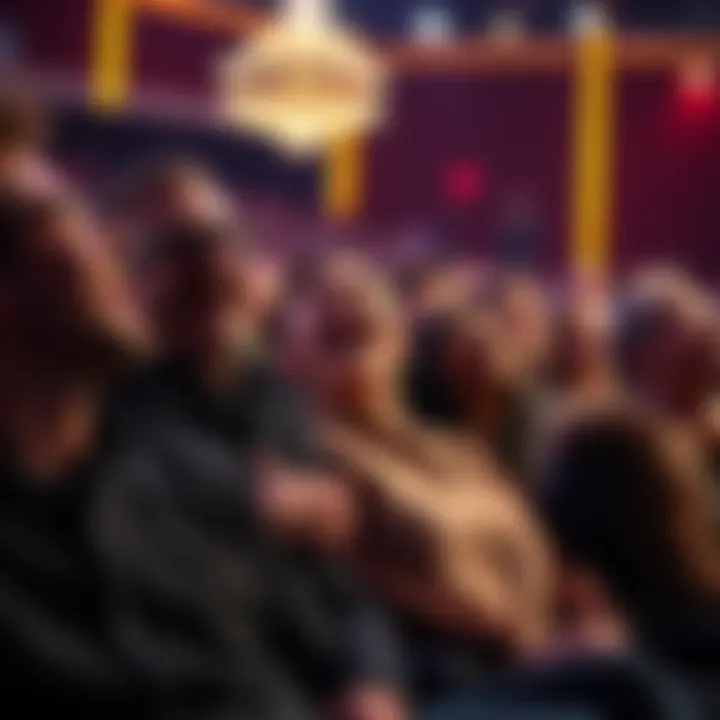 A crowd of people laughing uproariously during a comedy show, some holding their stomachs from laughter, capturing the joy of the event.