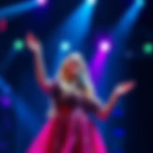 AURORA singing passionately on stage with colorful lights around