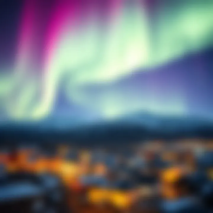 Colorful aurora lights shining brightly in the night sky above Akureyri, Iceland, mesmerizing onlookers.
