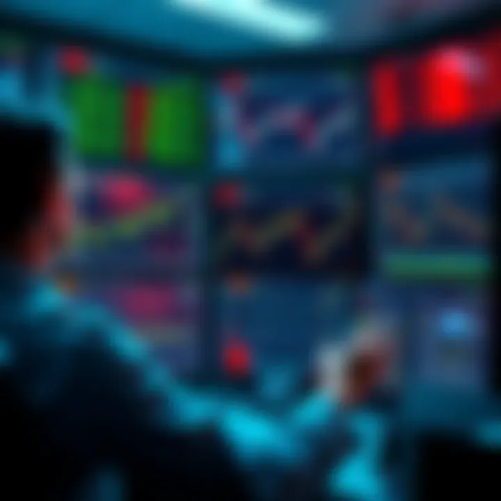 A trader monitors stock market graphs on multiple screens with automated trading software running.