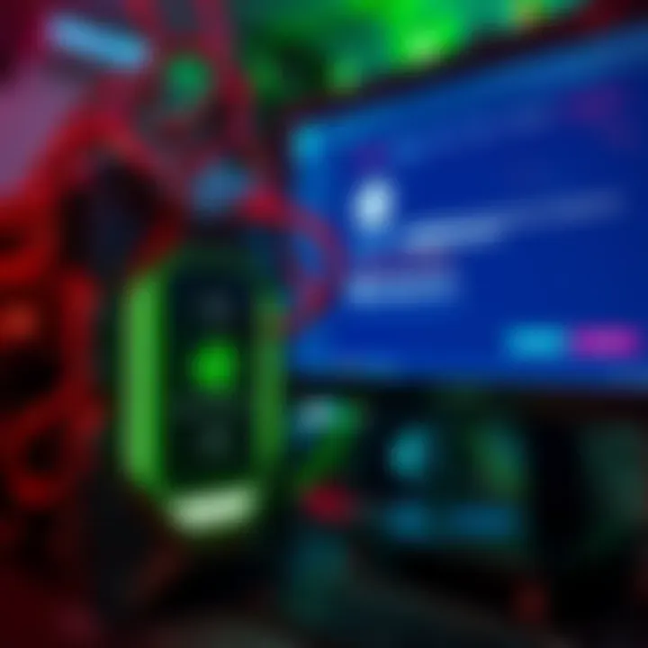 A close-up view of an Avalon 3 mining unit connected to a computer screen displaying mining software. The screen shows error messages related to the @ symbol and connection status with a mining pool.