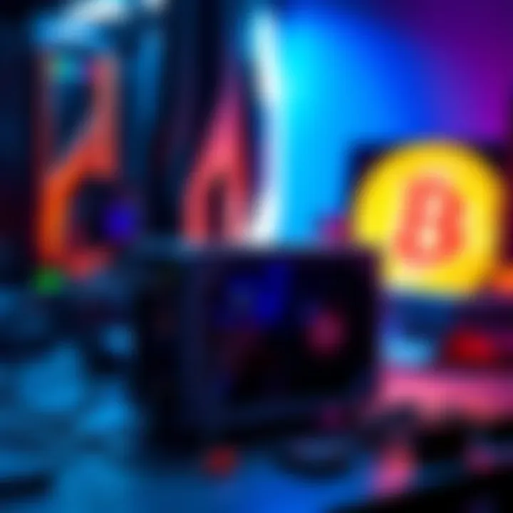 Avalon Q90 miner on a desk with electrical connections and a Bitcoin logo in the background