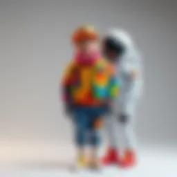 A cheerful avatar dressed in colorful casual clothing, standing next to a plain astronaut suit, showcasing the contrast in style options.