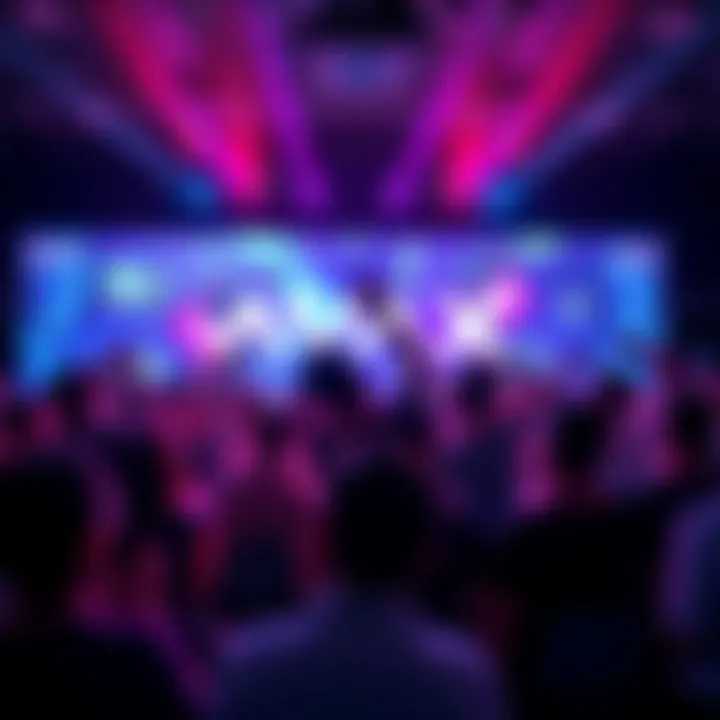 Group of people celebrating the launch of the Avax Layer 1 gaming platform with a digital display showing gaming graphics.