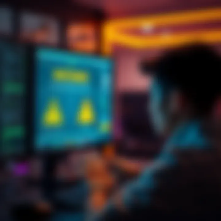 A person looking at a computer screen with warning signs about PulseChain mistakes like ETH transfers and gas fees.