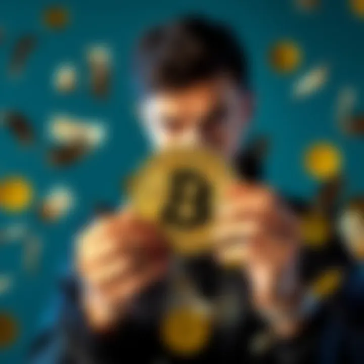 A person looking skeptical while holding a Bitcoin symbol, with traditional currency notes scattered around.