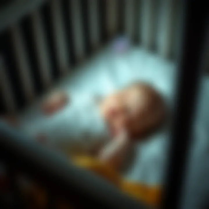 A 7.5-month-old baby tosses and turns in a crib while trying to sleep, showing signs of disturbance with a pacifier nearby.