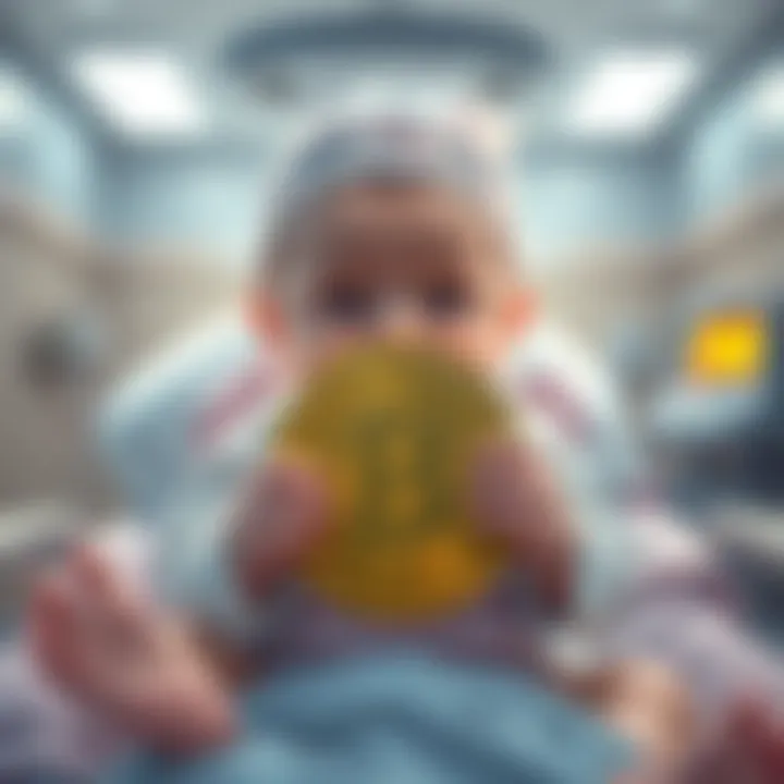 A newborn baby in a hospital holding a Bitcoin symbol, looking intelligent and curious.