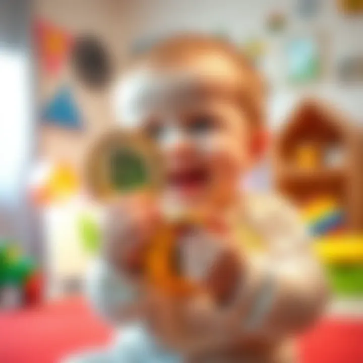 Baby with Bitcoin coins A toddler holding shiny Bitcoin coins with a playful smile in a bright room, surrounded by toys and digital graphics representing cryptocurrency growth