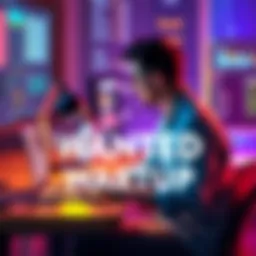 A graphic of a developer sitting at a desk with coding on a laptop, highlighting a call for a backend developer in a startup.