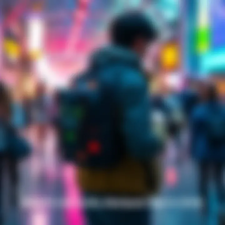 A person using a backpack with a digital interface, connecting with others in a vibrant community setting.