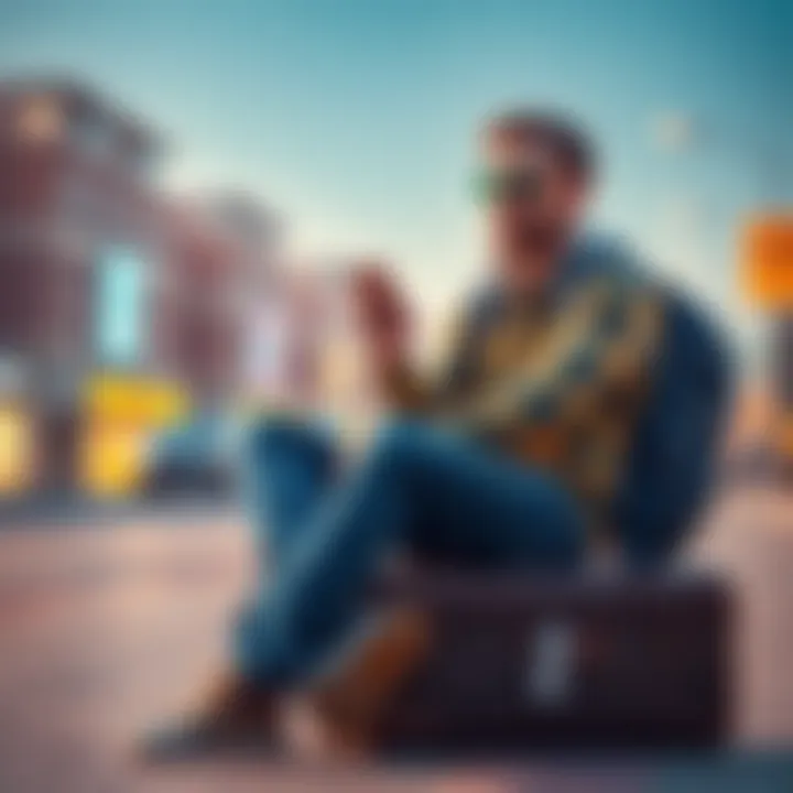 A backpacker sitting on a suitcase, looking frustrated while holding a phone, symbolizing lost money in a scam