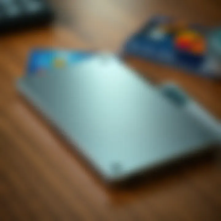A close-up of a metallic backup plate designed to function as a wallet, showcasing its sleek design and surface features. The plate is placed on a wooden table alongside traditional credit cards.