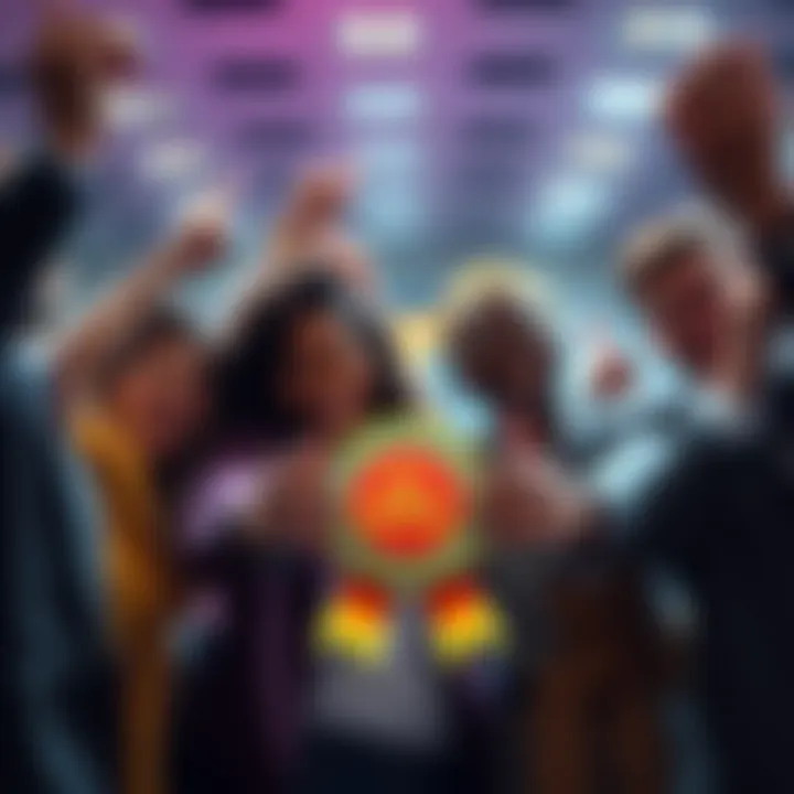 A group of happy people holding a badge, celebrating their achievement together.