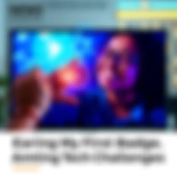 Person holding a digital badge on a screen with a joyful expression, surrounded by tech devices and connectivity symbols