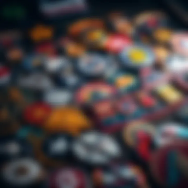 A display of various badges collected by individuals, showcasing different designs and colors, representing achievements.