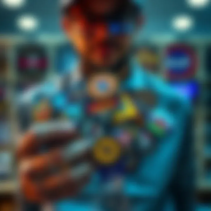 A person holds multiple badges from different states, showcasing their collection effort in one day.