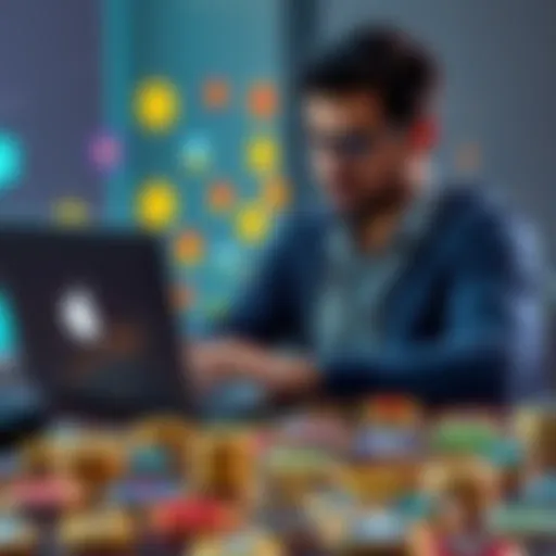 A person analyzing their badges and parcels on a laptop while surrounded by colorful icons representing achievements.