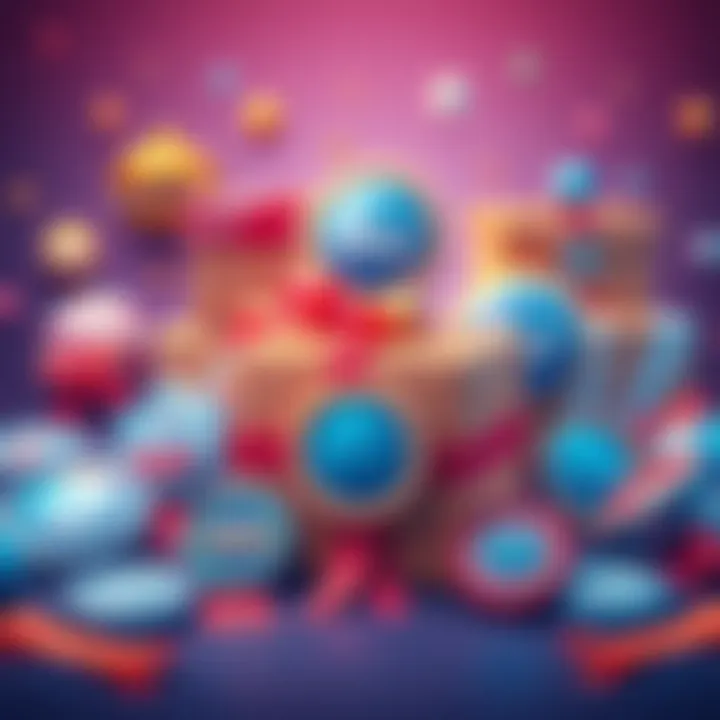 Illustration of various badges with parcels in the background, symbolizing achievement and progress.