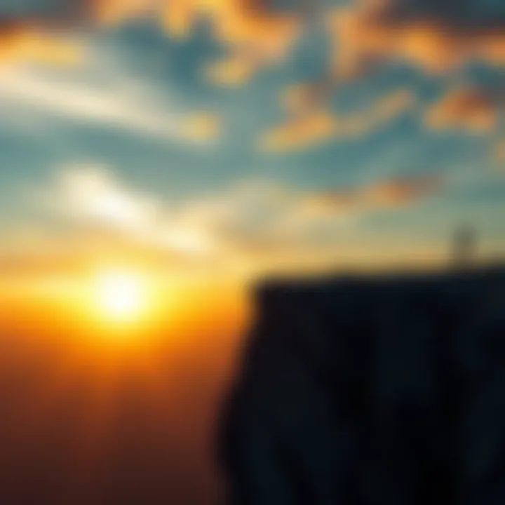 A person standing on a cliff looking at a sunrise, symbolizing the choice between short-term highs and long-term well-being.