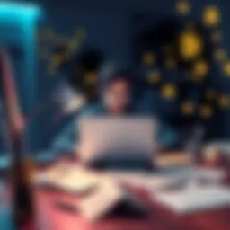 A person at a desk with a laptop, surrounded by notes and cryptocurrency symbols, representing the balance of traditional work and crypto investments.