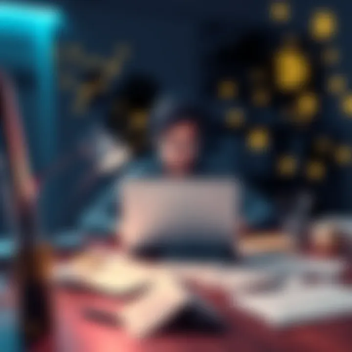 A person at a desk with a laptop, surrounded by notes and cryptocurrency symbols, representing the balance of traditional work and crypto investments.