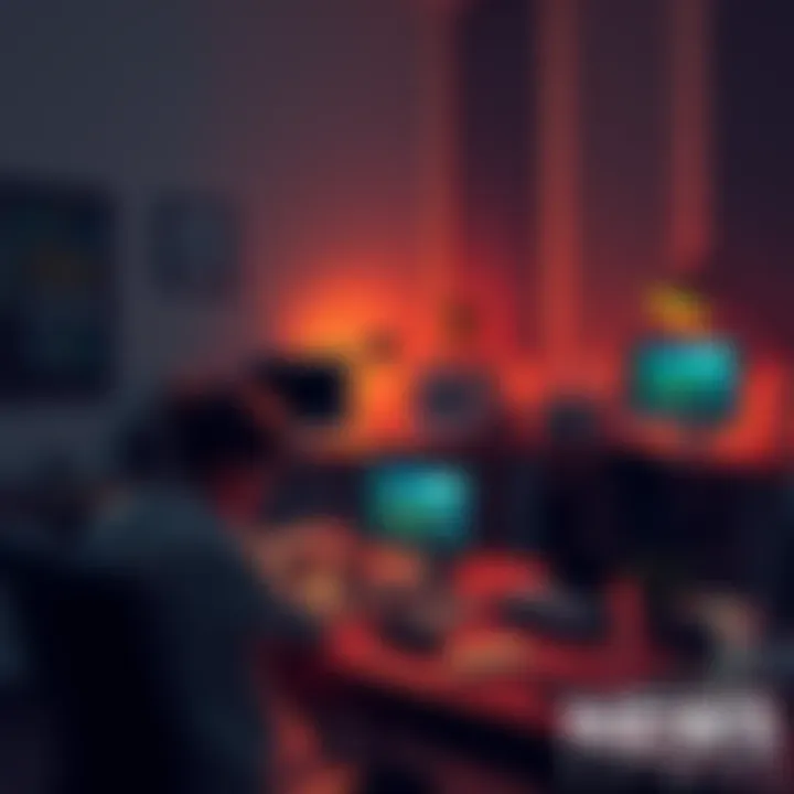 A person at a desk juggling work tasks while a child plays nearby and a gaming console is on the table with Atlas Earth on the screen.