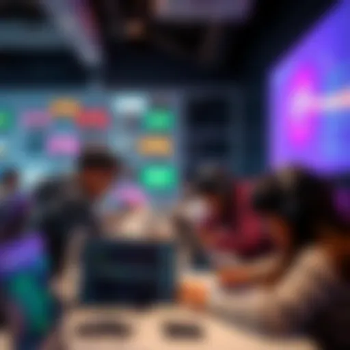 A group of people working together on laptops at an offline hackathon in Bangalore, sharing ideas and collaborating on projects.