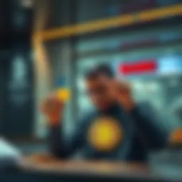 A person frustrated at a bank counter holding cryptocurrency symbols, highlighting transaction issues.