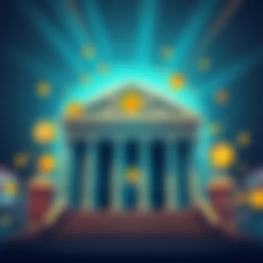 A bank building with digital currency symbols like Bitcoin and Ethereum around it, illustrating the struggle between traditional banking and crypto adoption.