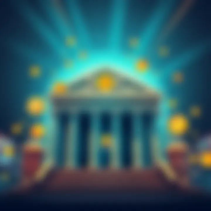 A bank building with digital currency symbols like Bitcoin and Ethereum around it, illustrating the struggle between traditional banking and crypto adoption.