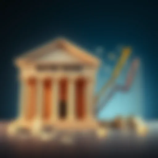 A graphic showing a bank building next to an upward trend graph representing inflation, with money symbols around them.