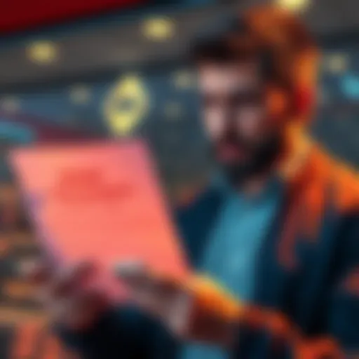 A worried man holding a bank account closure notice while looking at his phone, with a cryptocurrency logo visible in the background.