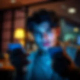 A person looking worried while checking their bank account on a smartphone, showing a negative balance and a notification about an overdraft fee.