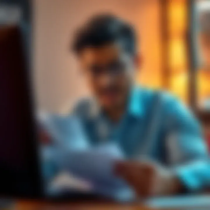 An American in Spain looking frustrated while dealing with bank documents and a computer